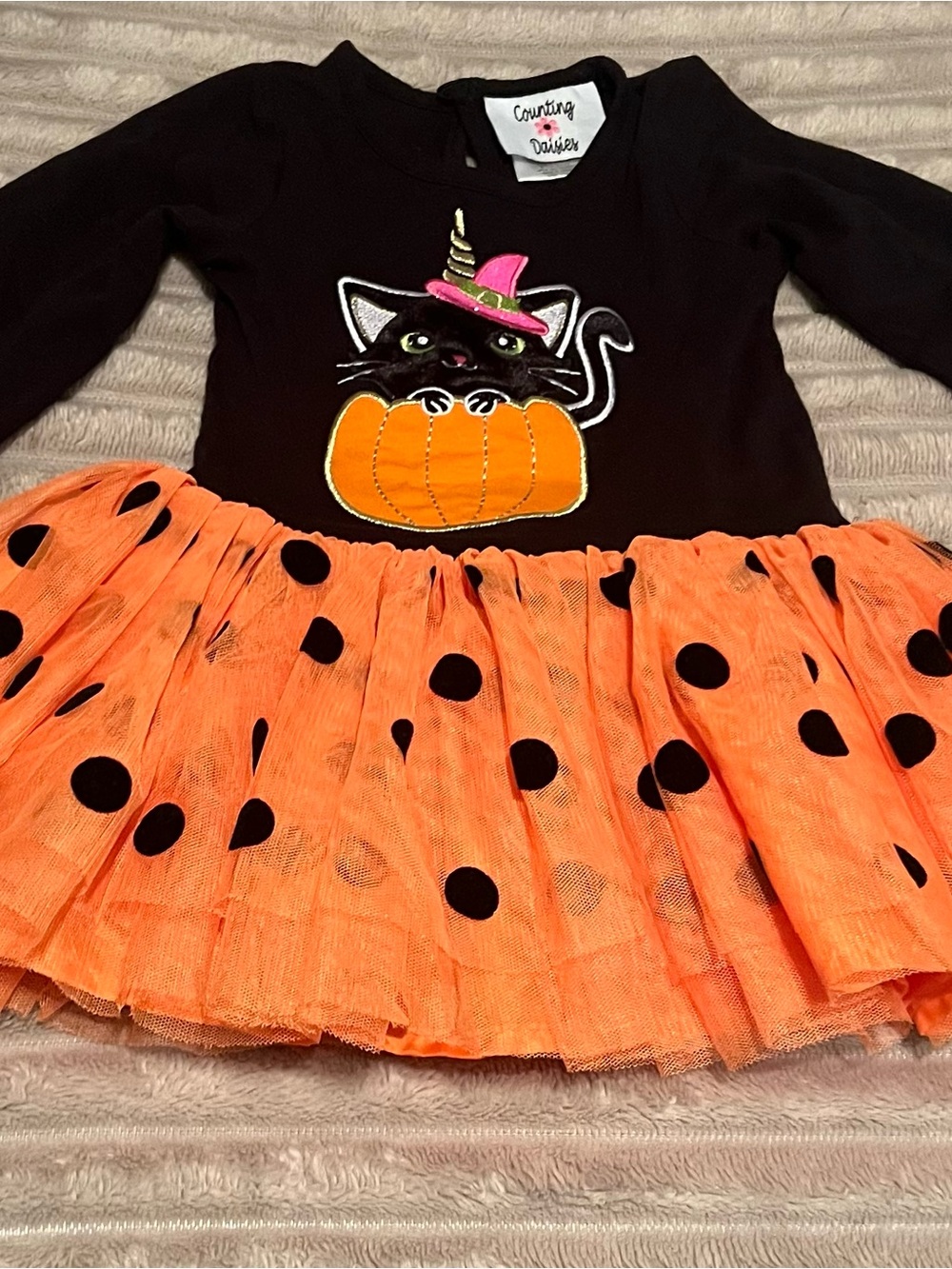 Counting Daisies Black Top with Orange Polka Dot Tutu Pumpkin Cat Dress